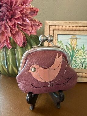 Fossil Leather Kiss Lock Coin Purse with Bird Applique